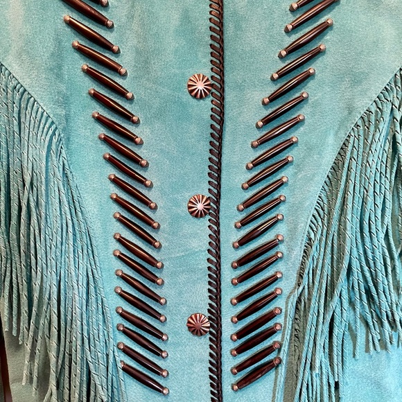 Vintage Suede Fringe Western Style Jacket, Turquoise with Beading Boho - Picture 10 of 11